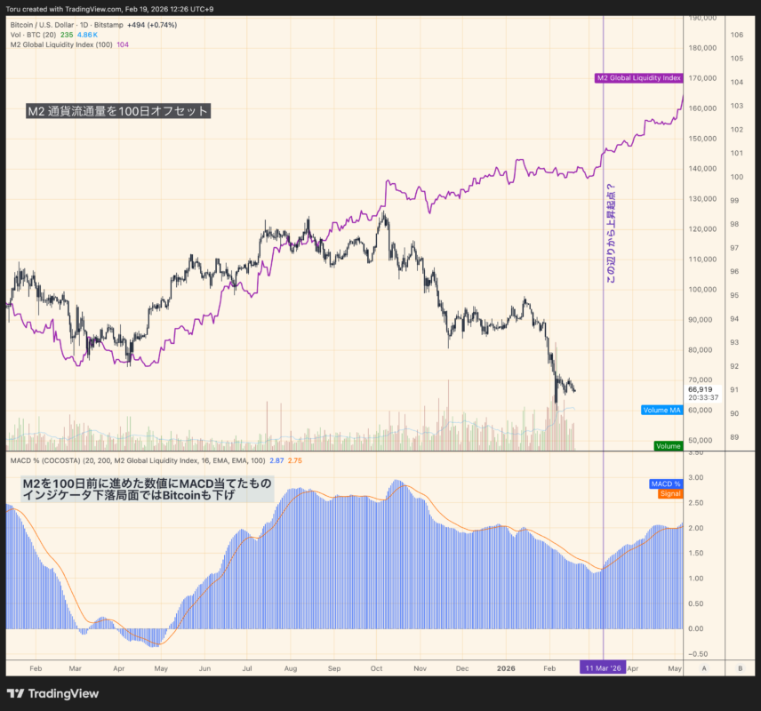 M2グローバル流動性インデックス（100日オフセット）とビットコイン価格の相関。紫の縦線が示す3月10日前後が追い風の目安。